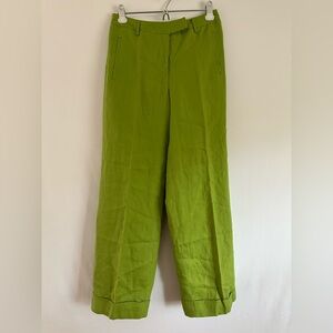 Metrostyle Trousers Pants Woman 4 Lime Green 100% Linen Wide Leg Cuffed